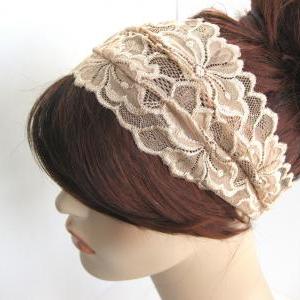 Wide Lace Headband Beige Taupe Flowers Head Wrap..