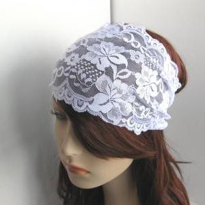 Wide White Stretch Lace Headband Flowers Head Wrap..