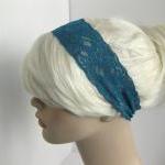Stretch Lace Headband Blue Teal Flowers Head Wrap..