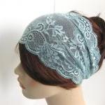Wide Stretch Lace Headband Antique Blue Flowers..