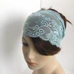 Wide Stretch Lace Headband Antique Blue Flowers..