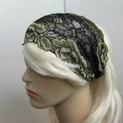 Pale Gold Flowers and Black Leaves Stretch Lace Headband Head Covering