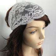 Wide Stretch Lace Headband Pale Ivory Off White Flowers Head Wrap Women's Hairband Traditional Head Covering