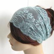 Wide Stretch Lace Headband Antique Blue Flowers Head Wrap Women's Hairband Fashion Hair Accessory