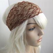 Wide Lace Headband Beige Copper Brown Head Wrap Women's Hairband Head Covering Hair Accessory