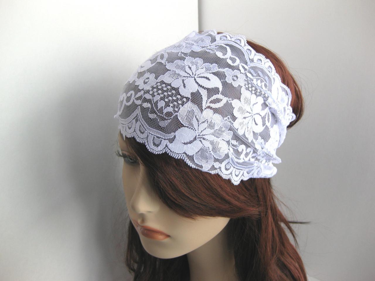 Wide White Stretch Lace Headband Flowers Head Wrap Women's Hairband Hair Covering Wedding Accessory Bridal Wear