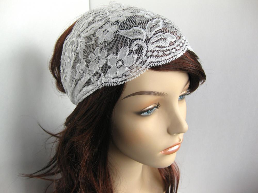 Wide Stretch Lace Headband Pale Ivory Off White Flowers Head Wrap Women's Hairband Traditional Head Covering