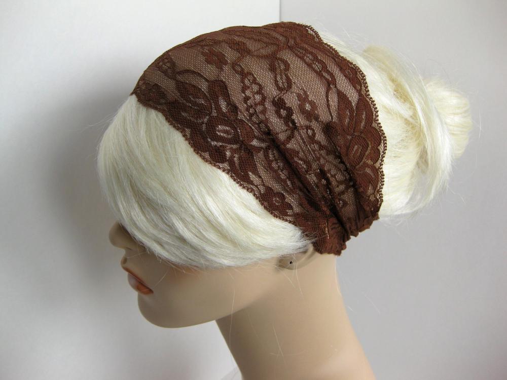 Wide Stretch Lace Headband Chocolate Brown Head Wrap Women's Hairband Traditional Head Covering