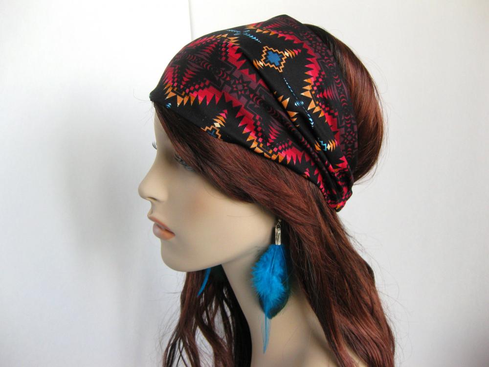 Navajo Bandana Women's Head Wrap Multi Color And Black Aztec Cotton