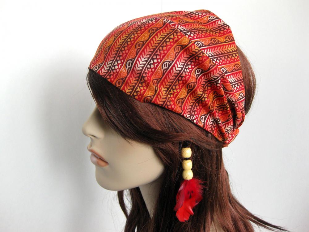Island Head Wrap Mediterranean Design Headband Women's Dreadband Gypsy Hippie Bandana Brown Red Burnt Orange Cotton Print