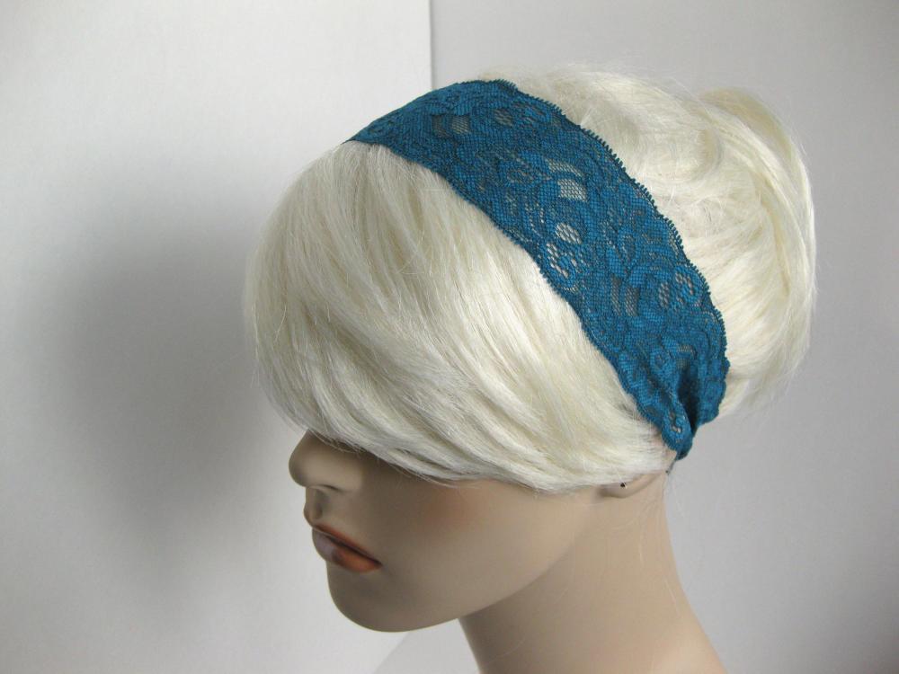 Stretch Lace Headband Blue Teal Flowers Head Wrap Women's Classic Hairband