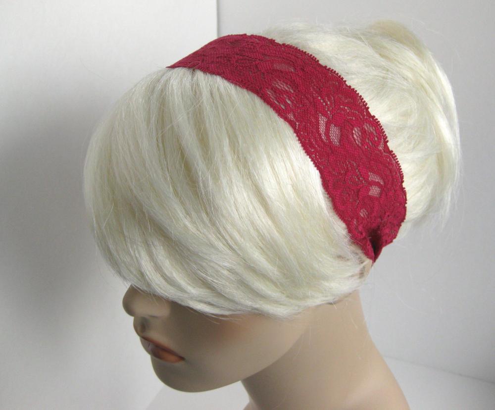 Elegant Stretch Lace Headband Magenta Flowers Head Wrap Women's Classic Hairband