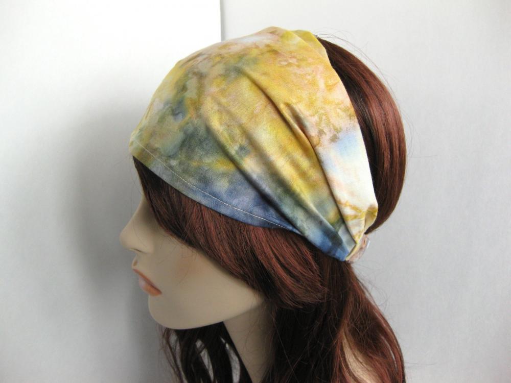 Tie Dye Headband Head Wrap Dreadband Womens Hippie Bandana Colorful Yellow Green And Bluecotton Fabric