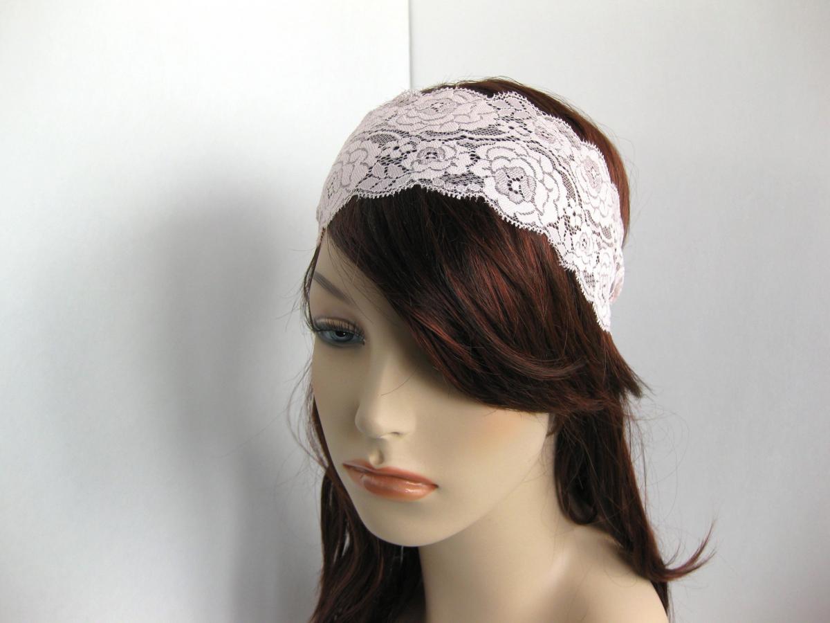 Stretch Lace Headband Pale Pink Roses Head Wrap Womens Hairband Hair