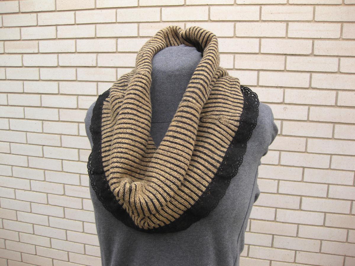 Oversized Brown Tan Black Upcycled Women's Cowl Neck Warmer Circle Infinity Scarf With Black Crochet Lace Women's Winter