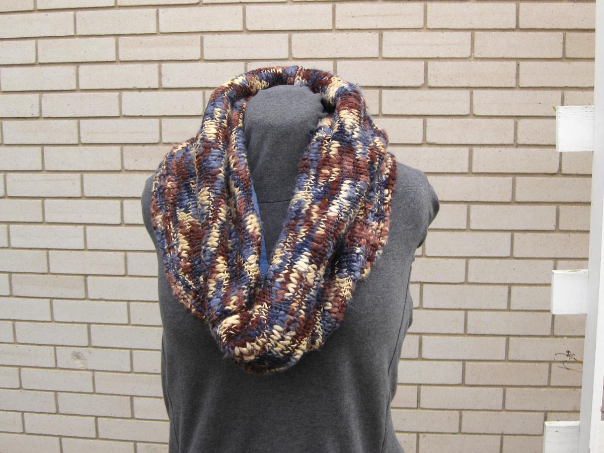 Oversized Sweater Cowl Neckwarmer Upcycled Brown Blue Cream Marbled Chunky Knit Eco Friendly Winter Fashion Accessory