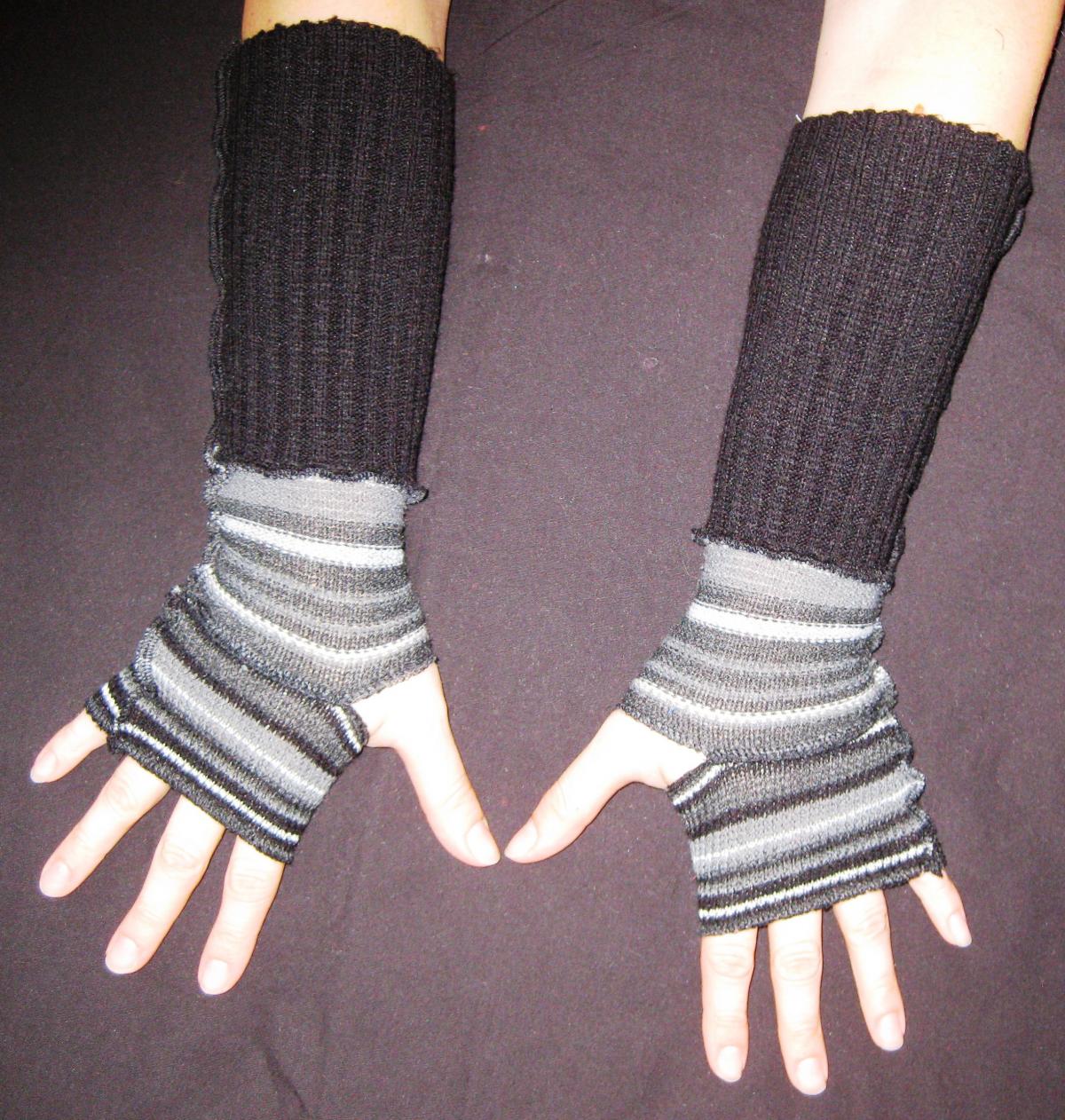 Eco Friendly Fingerless Gloves Hand Warmers Black Gray Stripes Upcycled Size Xsmall / Small Upcycled Winter Accessory