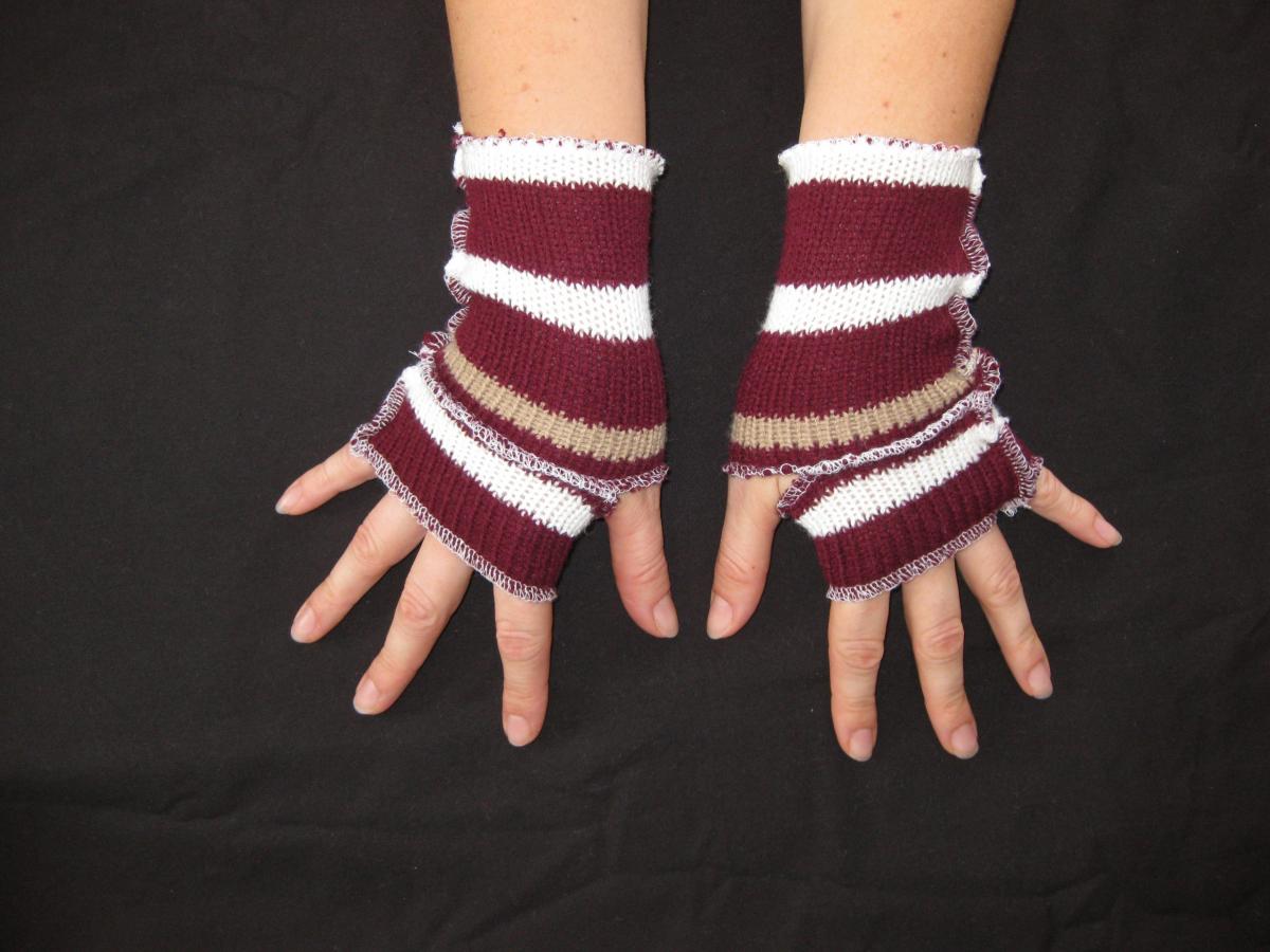 Fingerless Gloves Hand Warmers Reconstructed Mittens Burgundy White Brown Striped Size Extra Small / Small