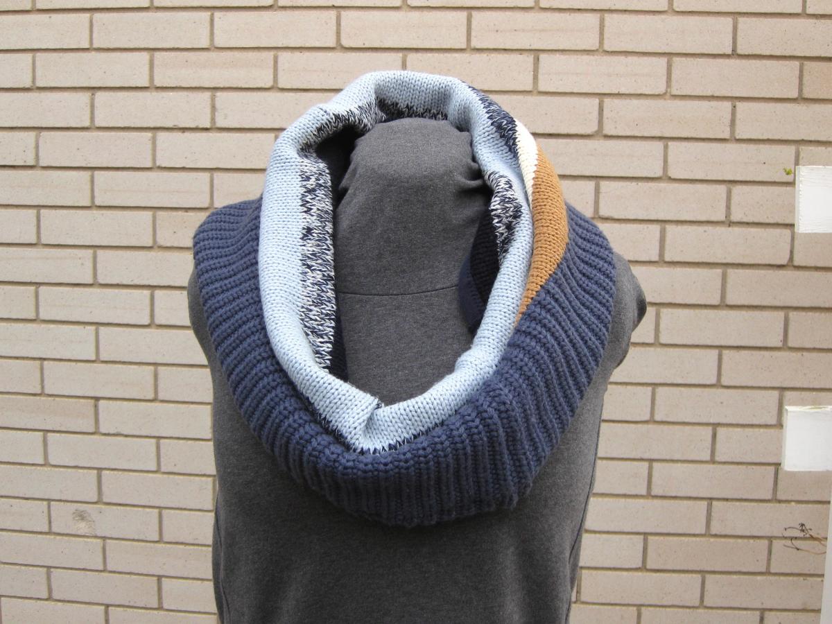 Women.s Cowl Neck Warmer Infinity Circle Scarf Upcycled Blue Brown White Stripes Winter Scarf Accessory