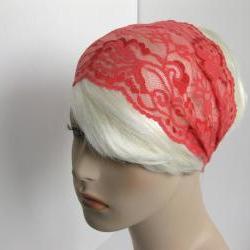 Wide Stretch Lace Headband Coral Pink Flowers Fancy Head Wrap Women's Hairband Traditional Head Covering
