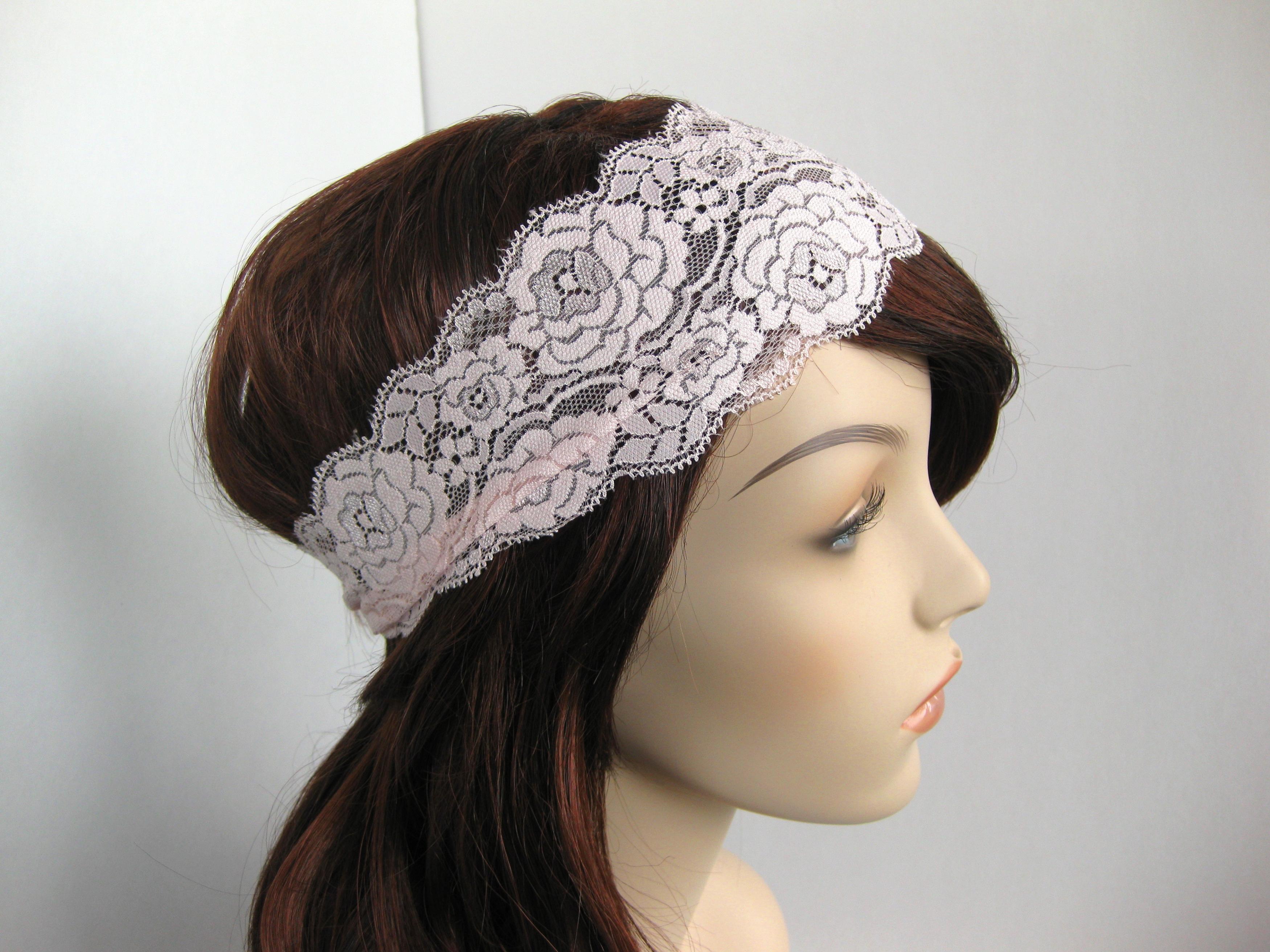 Stretch Lace Headband Pale Pink Roses Head Wrap Women's Hairband Hair